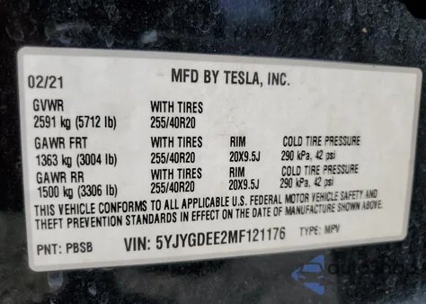 2021 Tesla Model Y from USA, damaged, VIN 5YJYGDEE2MF121176